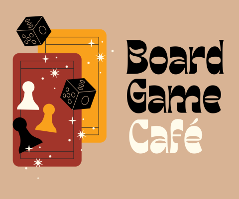 Image of red, gold, and black cards and game pieces with text that reads: Board Game Cafe
