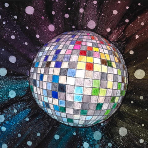 Colorful mirrored disco ball on a black background