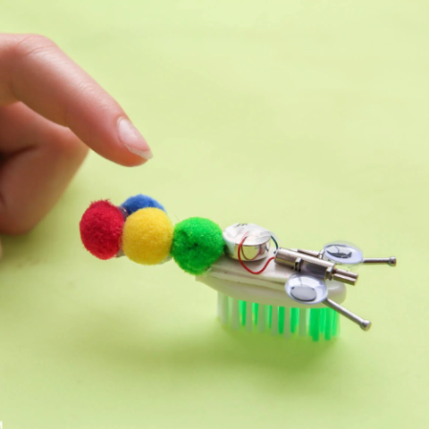 Toothbrush head with googly eyes, pom poms for a tail and nails for an antennae and a small battery motor attached to form a bristle-bot