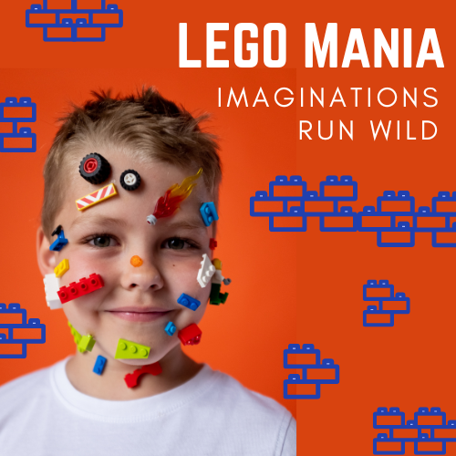 Boy with LEGO bricks stuck all over his face and the words LEGO Mania Imaginations Run Wild