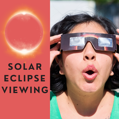 Woman with an awed expressed looking through solar eclipse viewing glasses and the words solar eclipse viewing with a picture of the Moon eclipsing the Sun above the text
