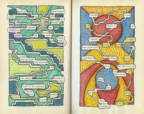 2 book pages with words selected to form poems surrounded by colorful (green and blue, red, yellow and blue) abstract designs.