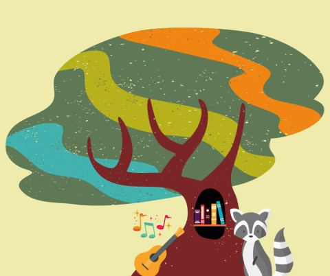 Colorful tree with a raccoon, a ukulele, and books. 