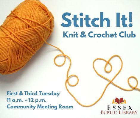 Image of yellow yard in the shape of a heart with text that reads: Stitch It! Knit & Crochet Club