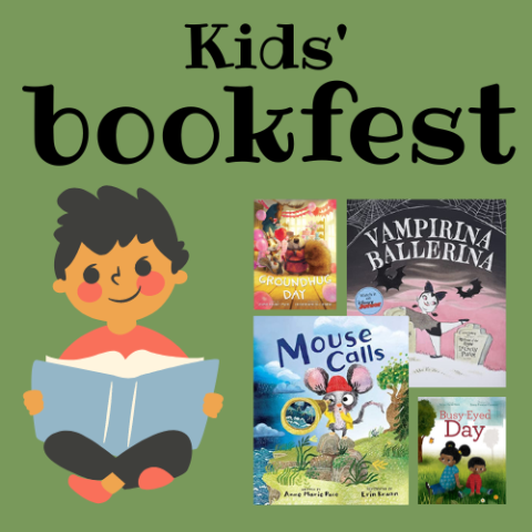 Kids' Bookfest young boy with a book and children's picture book covers