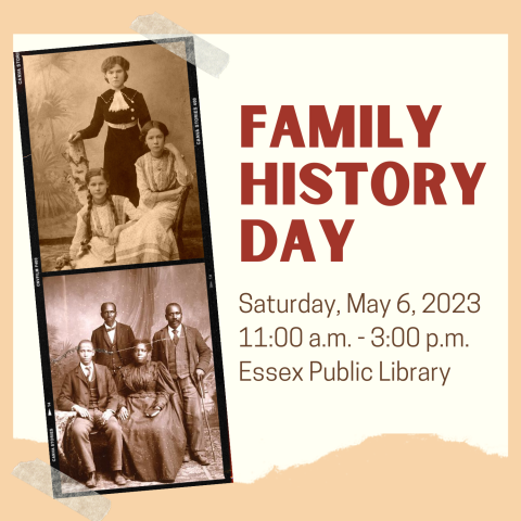 Two vintage family portrait photographs with bold red text that reads: Family History Day