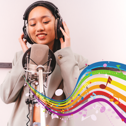 girl singing into microphone with musical staff and notes surrounding her