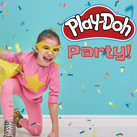 Girl in superhero costume amidst confetti with the words Play-Doh Party