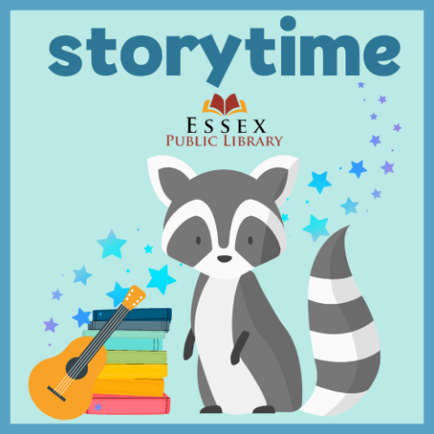 Graphic Riley Raccoon with stack of books, ukelele and stars leading up to the word storytime