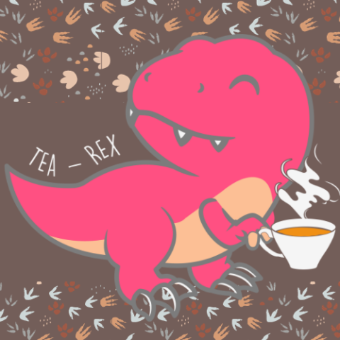 Dinosaur holding a cup of steaming tea