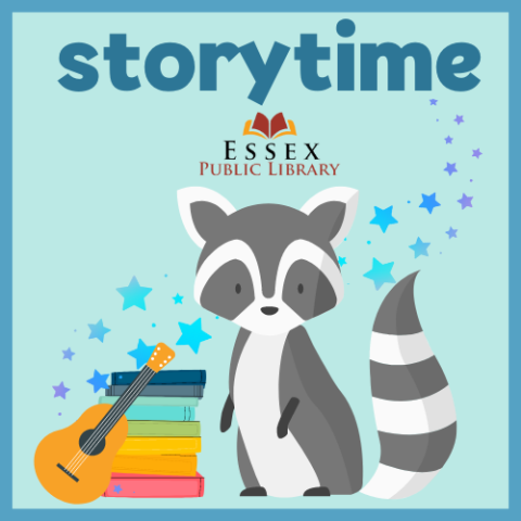 Riley Raccoon standing by a stack of books and guitar with colorful stars rising and the word storytime