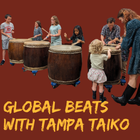 boys, girls and adults gather around 4 different large drums to play them with the words global beats with tampa taiko underneath.