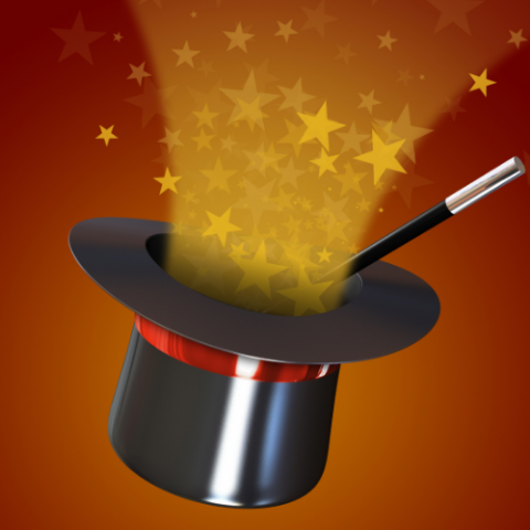 Black top hat with red ribbon held upside down with a shower of golden stars coming from inside of it as a magic wand points to it.