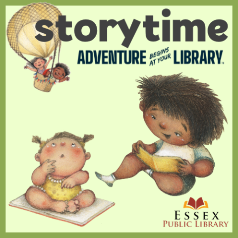 Young children wave from a hot air balloon high in the air while an infant with pigtails sits on an open book below looking up at them and an older child reads aloud from a book.  The words storytime, adventure begins at your library headlines the image
