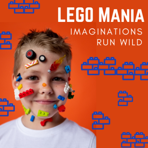 Photograph of a child with LEGOS stuck all over his face, groupings of outlined blue LEGO bricks on an orange background and the words LEGO Mania Imaginations Run Wild