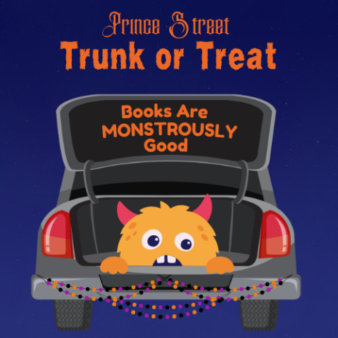 Fuzzy orange monster with red horns peaking out of the trunk of a car decorated with strings of purple, orange and black lights with the words Prince Street Trunk or Treat and Books are Monstrously Good.