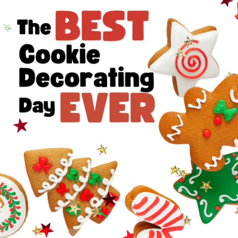 Assorted gingerbread cookies in the shapes of trees, stars, candy canes, and wreaths decorated in red, green and white icings with the best (emphasized) cookie decorating day ever (emphasized) in text.