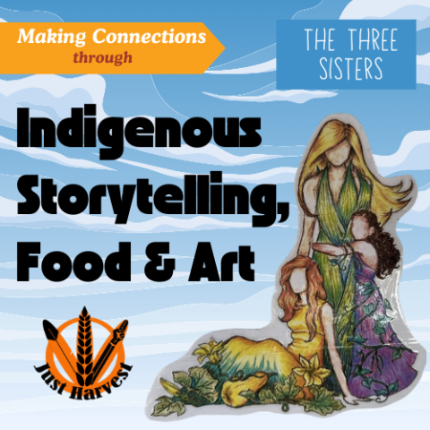 Text reading "Making Connections through Indigenous Storytelling, Food & Art" on a blue sky with clouds background and 3 figures representing "The Three Sisters"