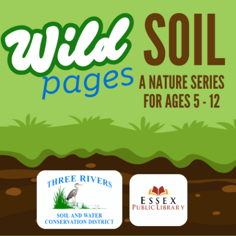 Cross section of grass and the soil layers underneath on a green background with the text Wild Pages Soil A Nature Series for ages 5 to 12.  Three Rivers soil and water conservation district logo of a blue heron standing in a marsh and Essex Public Library with an open book