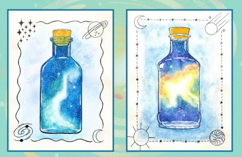 Pastel colorful galaxies capped in an outline bottle with stars surrounding them