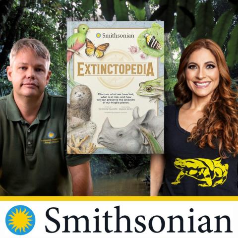 Man and Woman posing with a copy of the book Extinctopedia