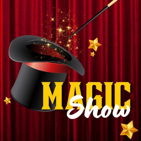 Black top hat with red ribbon held upside down with a shower of golden stars coming from inside of it as a magic wand points to it.
