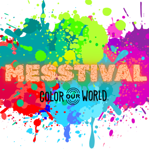Red, green blue and purple paint splotches with the word Messtival written in large orange letters and Color Our World below it.