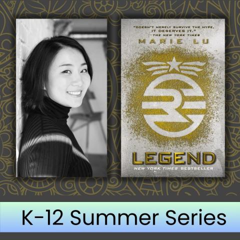 Woman posing with the cover of the book Legend