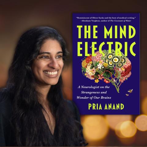Woman posing with the cover of the book The Mind Electric