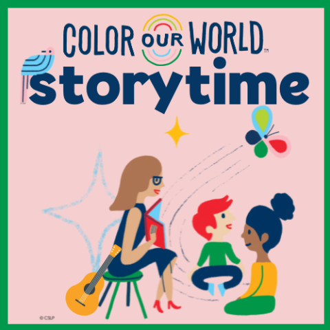 female librarian in glasses and sassy red shoes sits on a stool to read a book to 2 children with her ukelele next to her and a butterfly floating past,  The texts Color Our World Storytime with a blue bird perching on them tops the page.