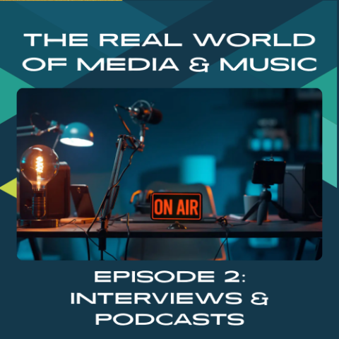 Podcasting equipment set up in a dark room with the ON AIR sign on