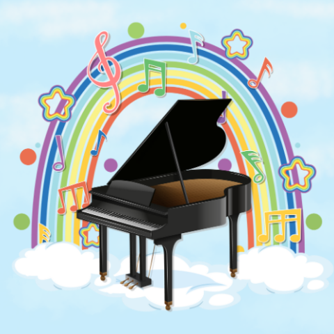 grand piano sitting on a cloud with its lid open and a rainbow with colorful musical notes and shapes on a sky blue background