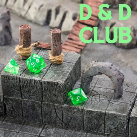 Gray ramparts with wooden slatted bridge and neon green Dungeon & Dragons die of various shapes and sizes