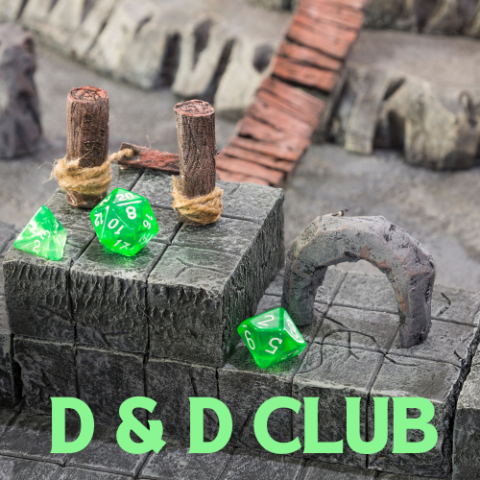 Gray stone ramparts with wooden slatted bridge and neon green die of various shapes and sizes with the text D & D Club