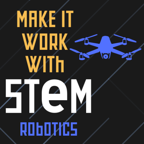 Blue graphic of a drone flying over a geometric pattern and the words make it work with STEM robotics written in gold