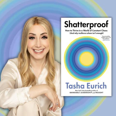 picture of Tasha Eurich with the cover of the book Shatterproof