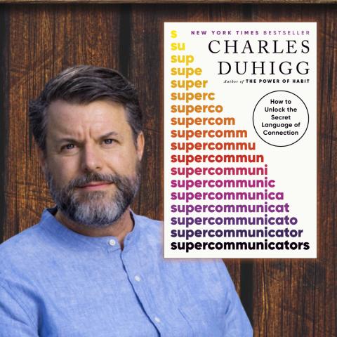 picture of a man in a blue shirt with the cover of the book Supercommunicators