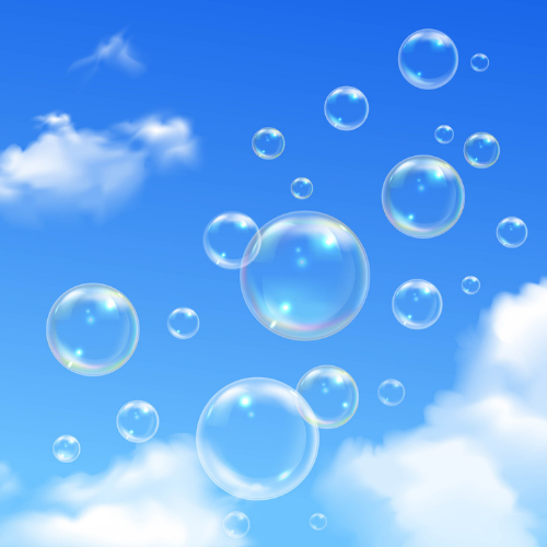 Bubbles of all sizes rising up into the blue sky