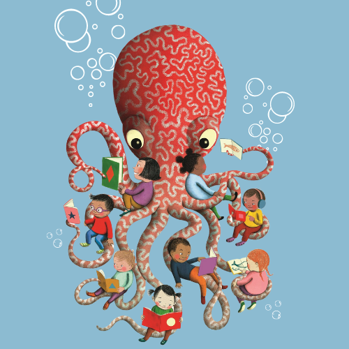 Colorful octopus holding many children reading books together