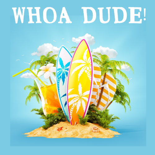 Tropical scene with surfboard, flip-flops, and a cool drink.  Caption reads Whoa Dude!