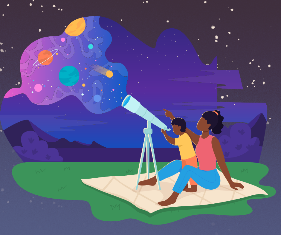 woman and child sitting on a blanket spying planets and stars using a telescope