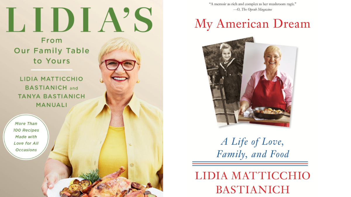 Image of Lidia Bastianich and the Book cover for "My Amerian Dream"