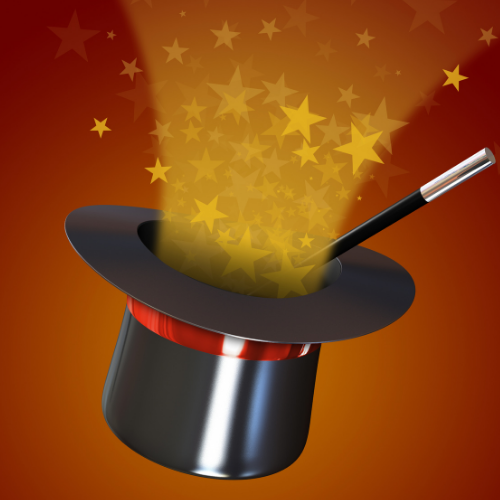 Black top hat with red ribbon held upside down with a shower of golden stars coming from inside of it as a magic wand points to it.