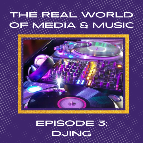 DJ equipment on a purple background with the real world of media and music episode 3: DJing