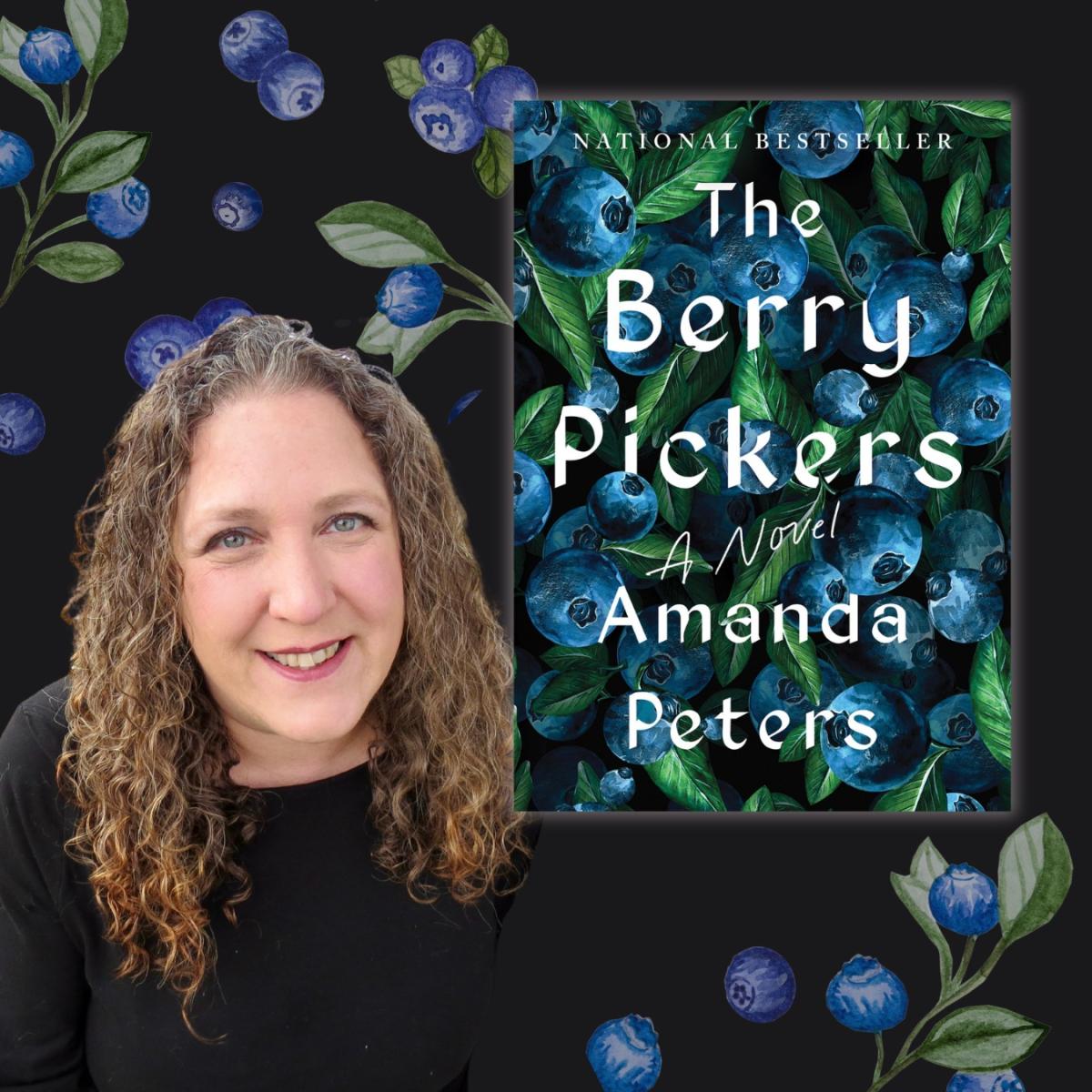 picture of a woman in a black shirt with the cover of the book The Berry Pickers