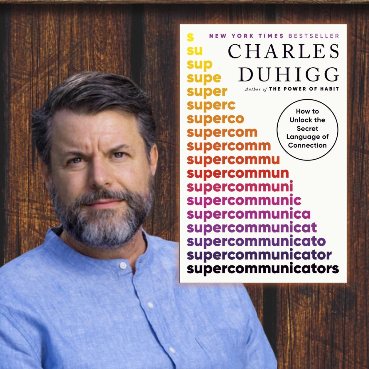 picture of a man in a blue shirt with the cover of the book Supercommunicators