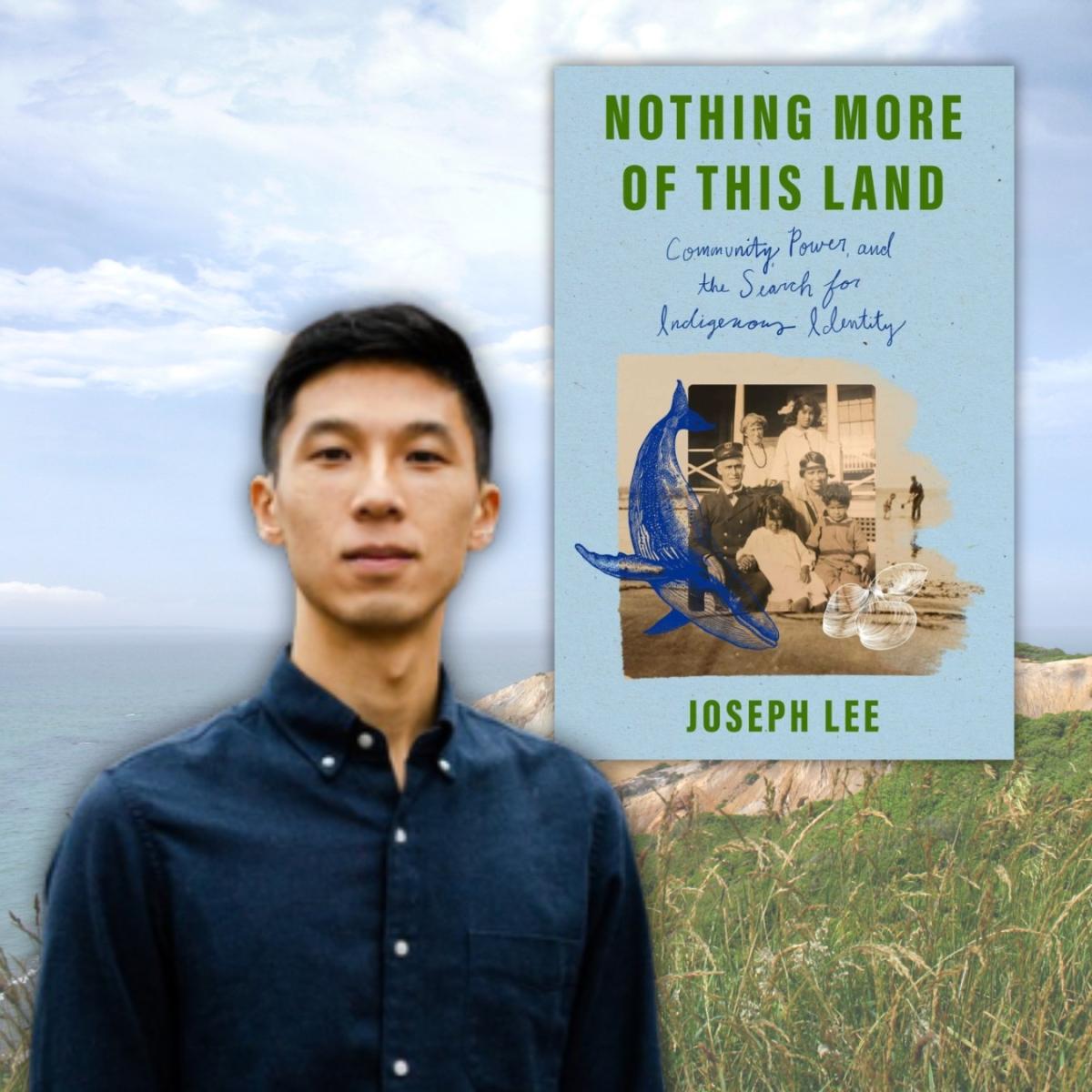 Picture of a man with a blue shirt and the cover of the book Nothing More of This Land